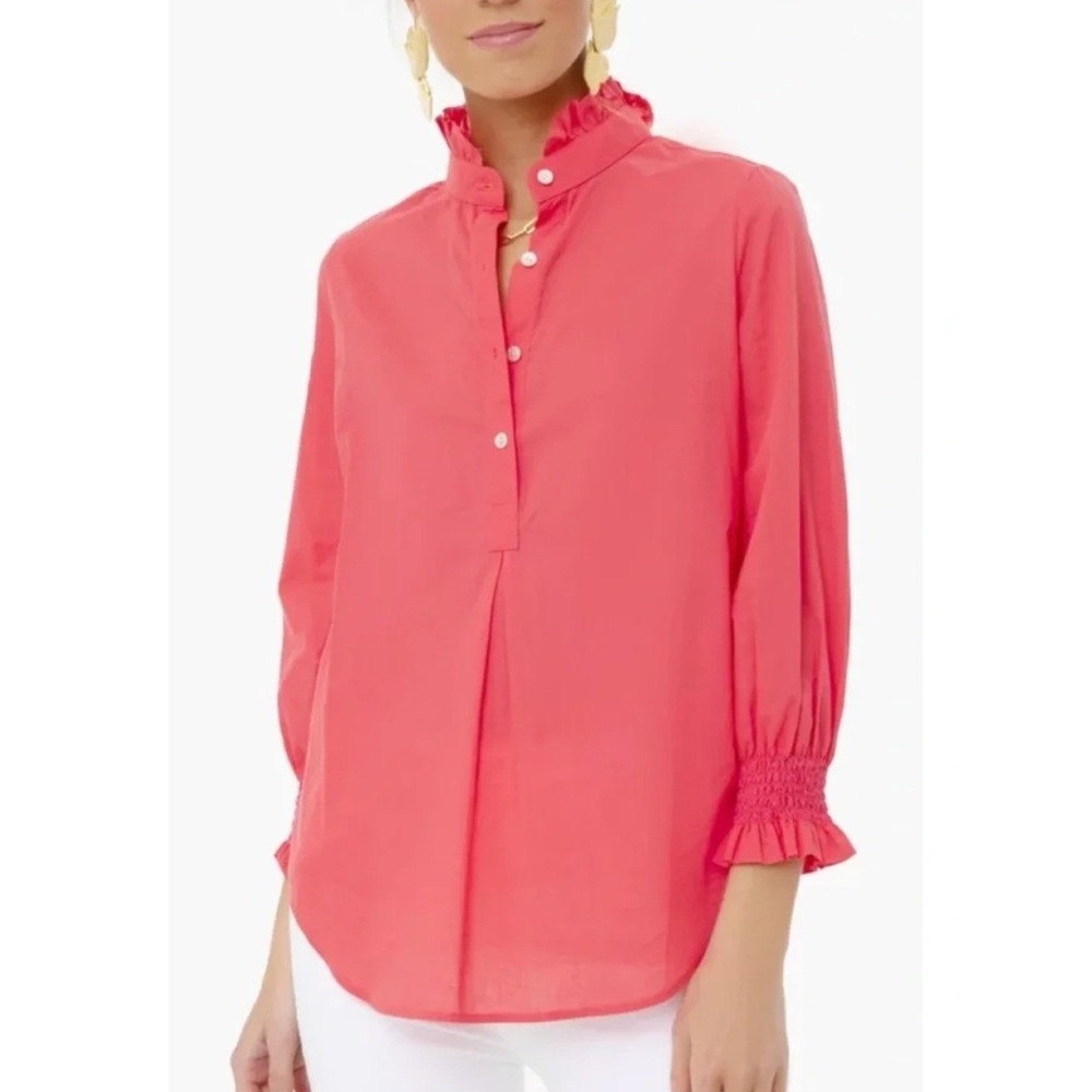 Tuckernuck Teagan Popover Blouse Medium Red Poppy Ruffle Neck Preppy Coastal